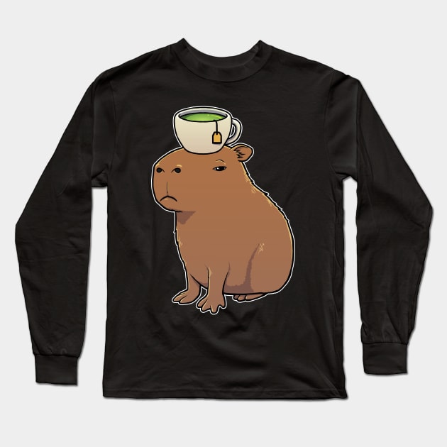 Capybara with Green Tea on its head Long Sleeve T-Shirt by capydays